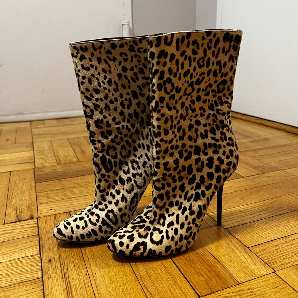 Jimmy Choo Pony Hair Leopard Print Stiletto Ankle Boots